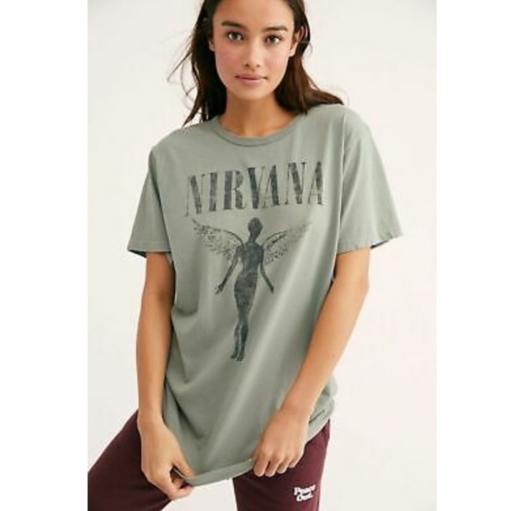 Free People x Trunk LTD Nirvana Graphic Band Tee Small Top Green Shirt